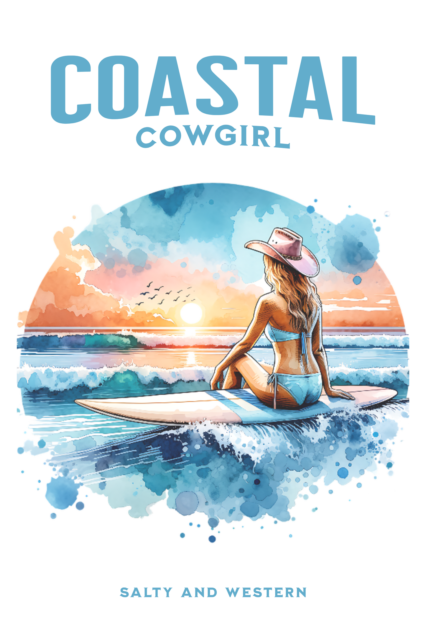 Coastal cowgirl on a surfboard art | beachy wall art | preppy stuff | cowgirl aesthetic | coastal aesthetic | surfer girl | surfer wall art
