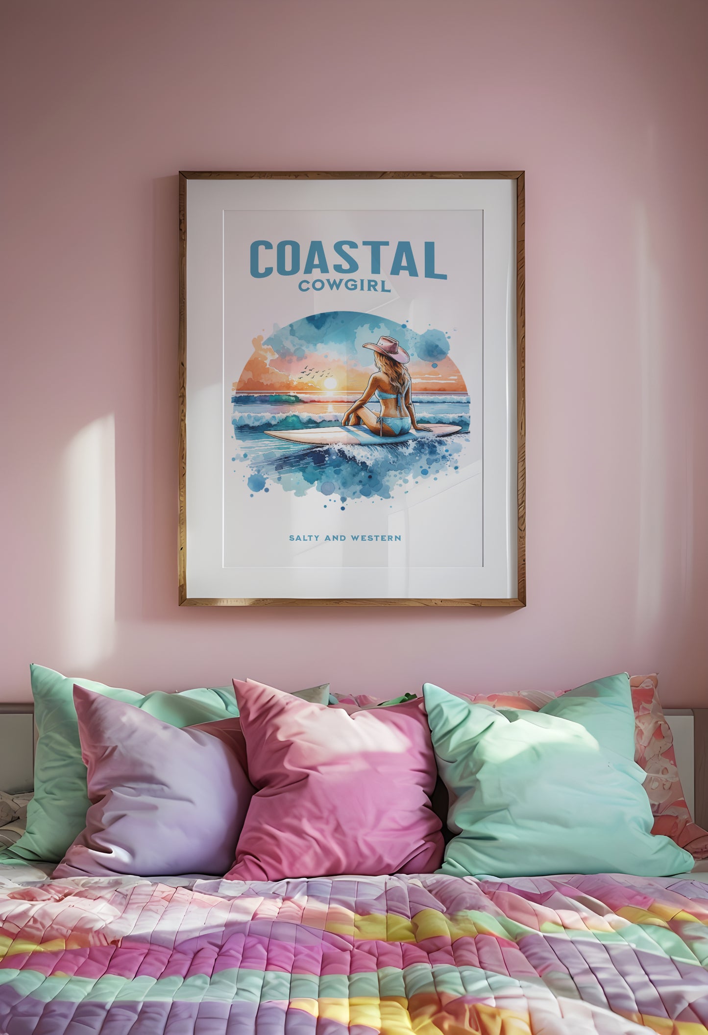 Coastal cowgirl on a surfboard art | beachy wall art | preppy stuff | cowgirl aesthetic | coastal aesthetic | surfer girl | surfer wall art
