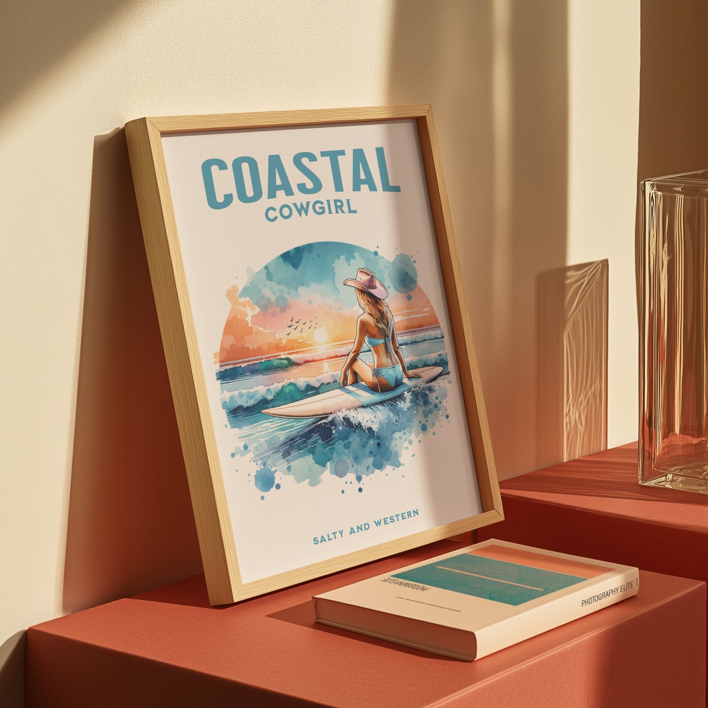 Coastal cowgirl on a surfboard art | beachy wall art | preppy stuff | cowgirl aesthetic | coastal aesthetic | surfer girl | surfer wall art