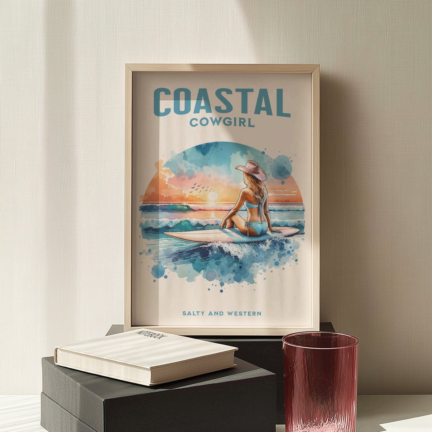 Coastal cowgirl on a surfboard art | beachy wall art | preppy stuff | cowgirl aesthetic | coastal aesthetic | surfer girl | surfer wall art