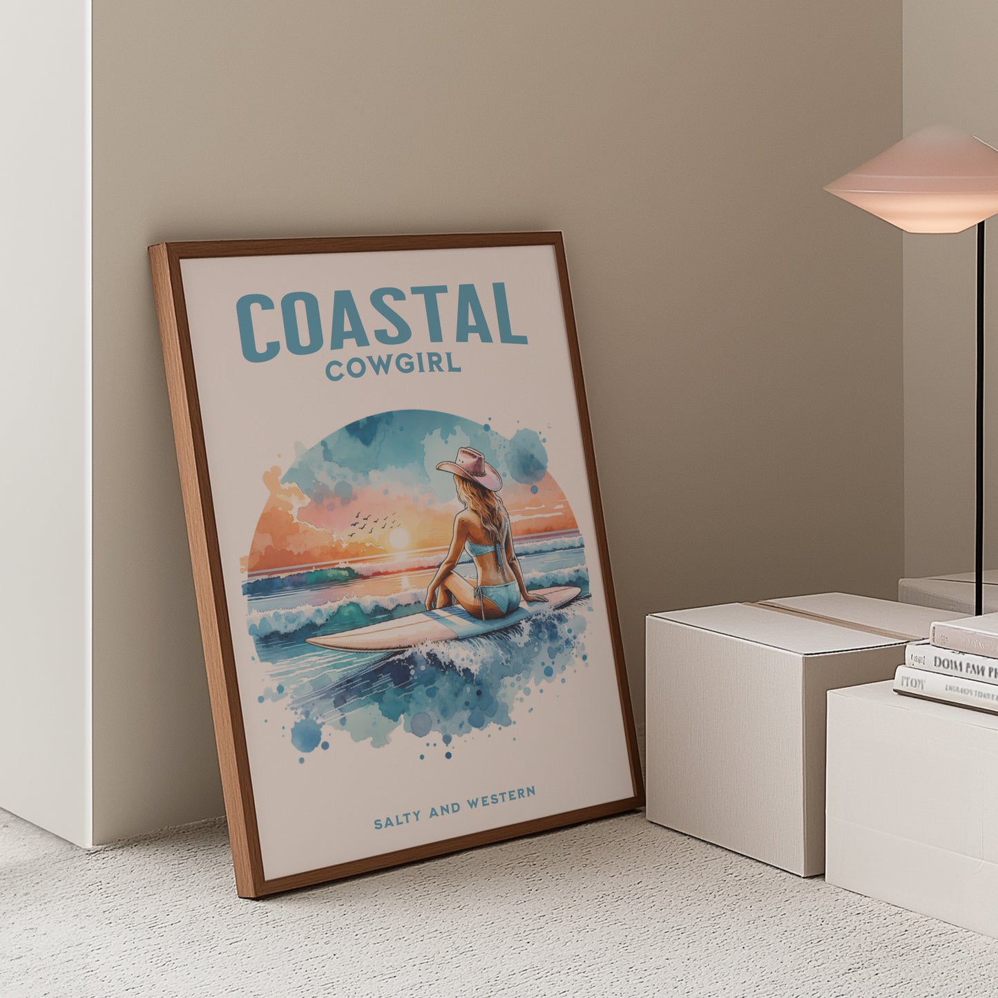 Coastal cowgirl on a surfboard art | beachy wall art | preppy stuff | cowgirl aesthetic | coastal aesthetic | surfer girl | surfer wall art