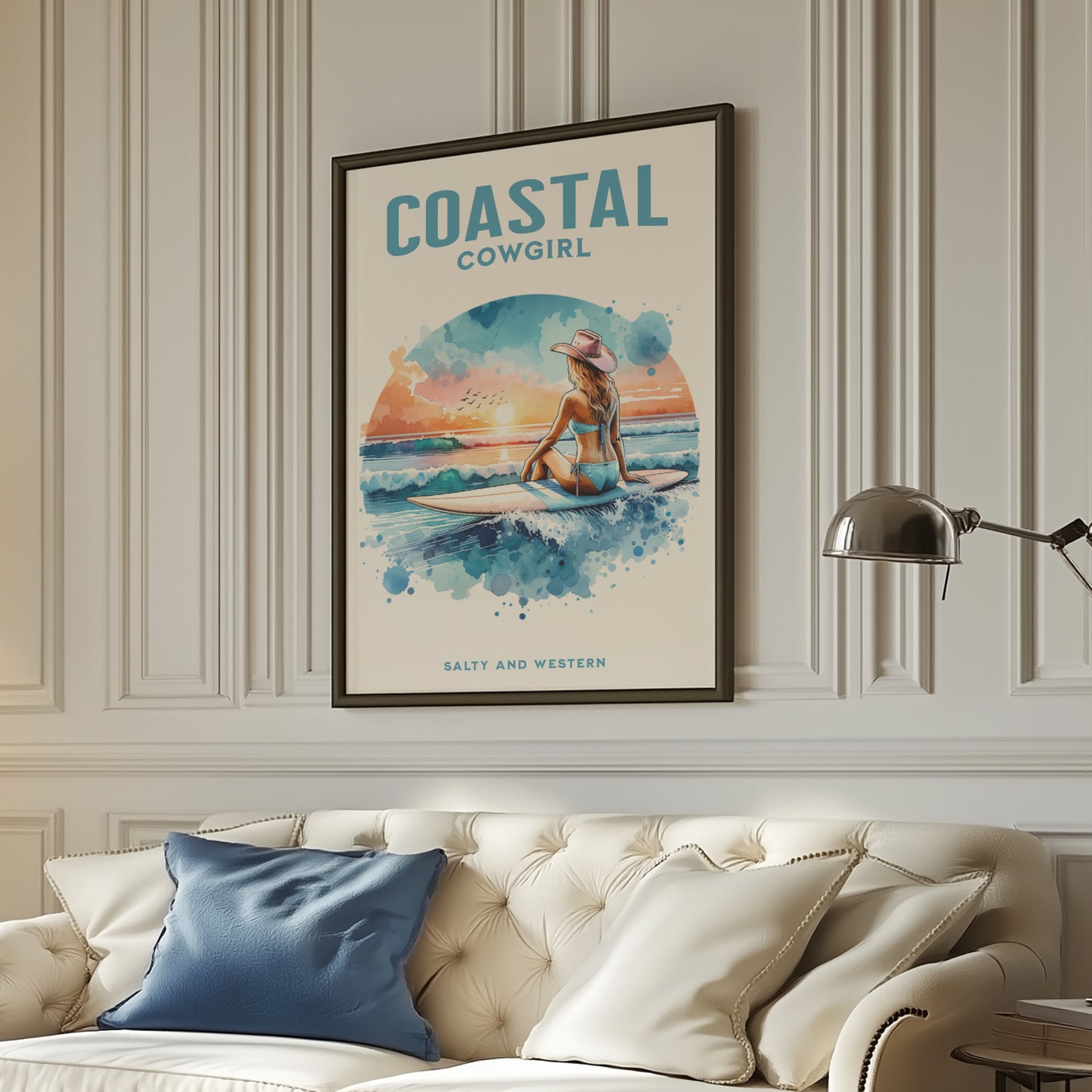 Coastal cowgirl on a surfboard art | beachy wall art | preppy stuff | cowgirl aesthetic | coastal aesthetic | surfer girl | surfer wall art