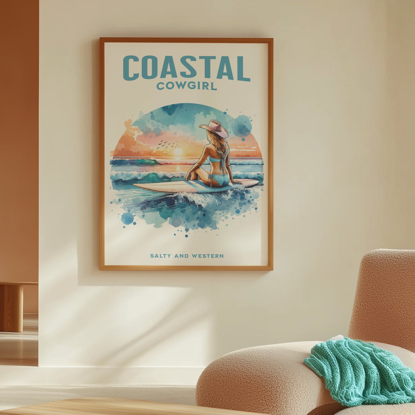 Coastal cowgirl on a surfboard art | beachy wall art | preppy stuff | cowgirl aesthetic | coastal aesthetic | surfer girl | surfer wall art