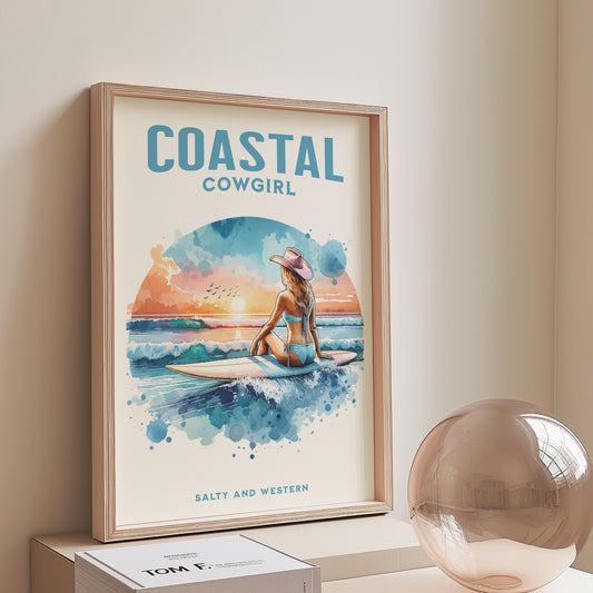 Coastal cowgirl on a surfboard art | beachy wall art | preppy stuff | cowgirl aesthetic | coastal aesthetic | surfer girl | surfer wall art